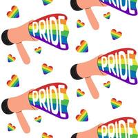Seamless pattern with megaphone and hearts with rainbow in flat style. Peaceful and equality concept supporting LGBTQ community. hand drawn illustration for Pride month vector