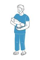 Sketchy drawing of father with newborn after birth. Contour flat doodle illustration isolated on white background. health care and growing up concept for logo vector