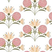 Retro seamless pattern with abstract symmetrical floral composition in folk style in muted colors. Botanical fantasy flat illustration in boho style for wedding. Print design for textile or wallpaper vector