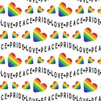 Seamless pattern with lgbtq community symbols and curved text Love, pride, peace. hearts in rainbow colors isolated on white background. Peaceful and equality concept for Pride month vector