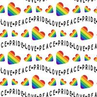 Seamless pattern with lgbtq community symbols and curved text Love, pride, peace. hearts in rainbow colors isolated on white background. Peaceful and equality concept for Pride month vector