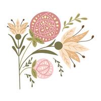 Abstract floral asymmetrical composition in folk fantasy style. flat hand drawn illustration in muted colors and boho style isolated on white background. Ideal for home decor or printout vector