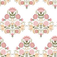 Muted seamless pattern with abstract symmetrical floral composition in folk style. Botanical fantasy flat illustration in boho style for wedding. Print design for textile or wallpaper vector