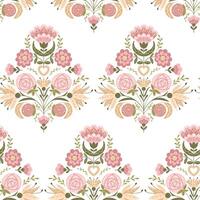 Muted seamless pattern with abstract symmetrical floral composition in folk style. Botanical fantasy flat illustration in boho style for wedding. Print design for textile or wallpaper vector