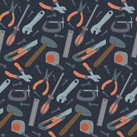 Seamless pattern with flat repairing tools on dark background. Sustainability and upgrade concept. hand drawn elements in cartoon style vector