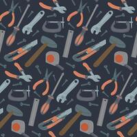 Seamless pattern with flat repairing tools on dark background. Sustainability and upgrade concept. hand drawn elements in cartoon style vector