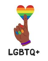 poster supporting LGBTQIA community. Flat black hand with colored nails and heart in rainbow colors isolated on white background. Peaceful and equality concept vector