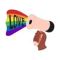 Flat Pride month poster with hand and megaphone with rainbow flag. Supporting LGBTQ community. Love and exception concept. flat hand drawn elements isolated on white background vector