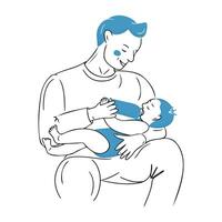 Contrast doodle drawing of father feeding newborn with bottle. Contour flat sketchy illustration isolated on white background. health care and growing up concept for logo vector