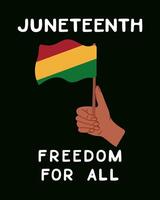 Celebrating poster hand and flag in traditional colors for Juneteenth. flat hand drawn elements with text Freedom Day Foe All on black background. Vertical placard, banner for social media vector