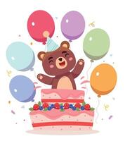 Bear jumps out of the cake. vector