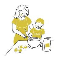 Doodle composition of cooking mother and her son. Contour hand drawn illustration isolated on white background. flat learning concept for logo or sticker vector