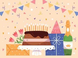 composición para un cumpleaños con un pastel, regalos, champán y guirnaldas.feliz cumpleaños, fiesta tarjeta diseño. vector