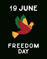 Juneteenth celebrating poster with pigeon traditional colors and text Freedom day. flat hand drawn elements with text Freedom Day on black background. Vertical placard, banner for social media vector