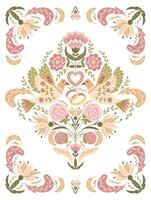 Retro wedding invitation or banner in folk style with floral symmetry composition with birds, rings and heart in muted colors. Botanical template for marriage or engagement card vector