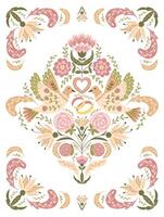 Retro wedding invitation or banner in folk style with floral symmetry composition with birds, rings and heart in muted colors. Botanical template for marriage or engagement card vector