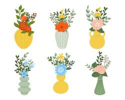 Set of flat hand drawn vases with abstract floral bouquets. colored illustration isolated on white background. Unique print design for printout, poster, interior. vector