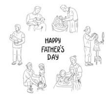 Happy Fathers day doodle contour set. Monochrome black outline drawings of fathers and their kids isolated on white background. Everyday mothers routine. Good for coloring pages, stickers vector