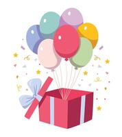 regalo caja con un helio globos el.cumpleaños saludo tarjeta modelo. vector