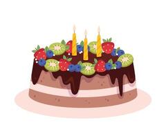 Birthday Chocolate cake with summer berries.Strawberries, blueberries,Kiwi vector