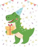 gracioso cumpleaños dinosaurio dibujos animados personaje con un fiesta sombrero participación un regalo caja. vector