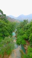 cinematográfico fpv zangão voar sobre tropical Kuang si cascata dentro Laos video