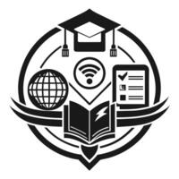 A black and white logo featuring a globe intertwined with a book, symbolizing knowledge and global awareness, A digital collage incorporating bok choy alongside other produce vector