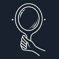 Close-up of a hand holding a magnifying glass, ready to examine something closely, A sleek, minimalist design featuring the outline of a hand holding a mirror vector