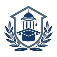 Blue and white crest featuring a building in the background, symbolizing sophistication and heritage, A subtle, sophisticated logo incorporating symbols of higher education vector