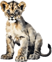 Watercolor painting of a cute lion cub. Ai-generated. png