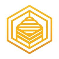 Abstract geometric representation of a beehive in yellow hexagonal shape against a plain white backdrop, An abstract geometric representation of a beehive, minimalist logo vector