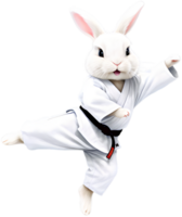 A fluffy white bunny wearing a karate gi. AI-Generated. png