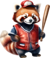 A cute red panda wearing a baseball uniform. AI-Generated. png