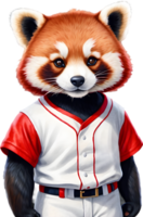 A cute red panda wearing a baseball uniform. AI-Generated. png