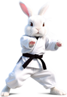 A fluffy white bunny wearing a karate gi. AI-Generated. png