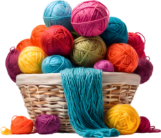 a basket overflowing with colorful yarn balls. Ai-generated. png