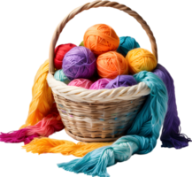 a basket overflowing with colorful yarn balls. Ai-generated. png