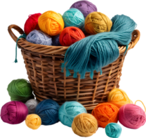 a basket overflowing with colorful yarn balls. Ai-generated. png