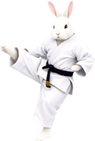 A fluffy white bunny wearing a karate gi. AI-Generated. png