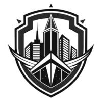 un negro y blanco logo exhibiendo un pulcro diseño representando un con visión de futuro urbano paisaje, un pulcro, futurista espacio de trabajo con innovador diseño elementos vector