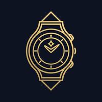 A luxurious gold watch set against a sleek black backdrop, showcasing its elegant design and detail, Design a simple and elegant logo for a luxury watch boutique using just a line vector
