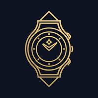 un lujoso oro reloj conjunto en contra un pulcro negro fondo, exhibiendo sus elegante diseño y detalle, diseño un sencillo y elegante logo para un lujo reloj boutique utilizando sólo un línea vector