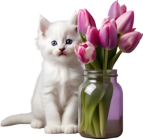 A fluffy white kitten and tulip flower. AI-Generated. png