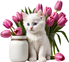 A fluffy white kitten and tulip flower. AI-Generated. png