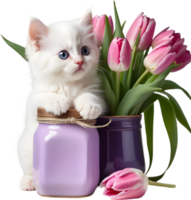 A fluffy white kitten and tulip flower. AI-Generated. png