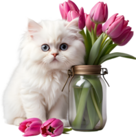 A fluffy white kitten and tulip flower. AI-Generated. png