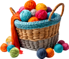 uma cesta transbordante com colorida fio bolas. gerado por ai. png