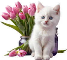 ein flauschige Weiß Kätzchen und Tulpe Blume. KI-generiert. png