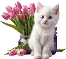 A fluffy white kitten and tulip flower. AI-Generated. png