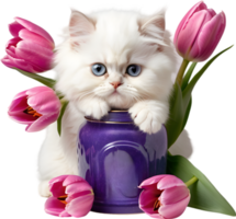 A fluffy white kitten and tulip flower. AI-Generated. png